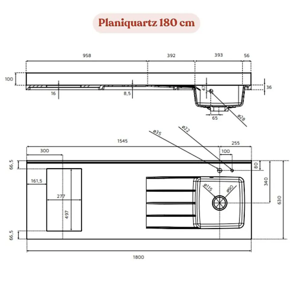 Plan de travail monobloc PlaniQuartz avec évier - 180 cm - Nero - évier à droite - Plaque de cuisson Non inclus