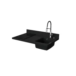 Plan de travail monobloc PlaniQuartz avec évier - 100 cm - Nero - évier à droite - Plaque de cuisson Induction