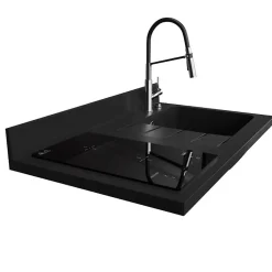 Plan de travail monobloc PlaniQuartz avec évier - 100 cm - Nero - évier à droite - Plaque de cuisson Induction