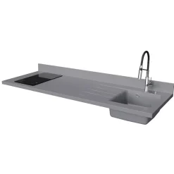 Plan de travail monobloc PlaniQuartz avec évier - 180 cm - Cromo - évier à droite - Plaque de cuisson Induction