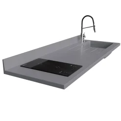 Plan de travail monobloc PlaniQuartz avec évier - 180 cm - Cromo - évier à droite - Plaque de cuisson Induction