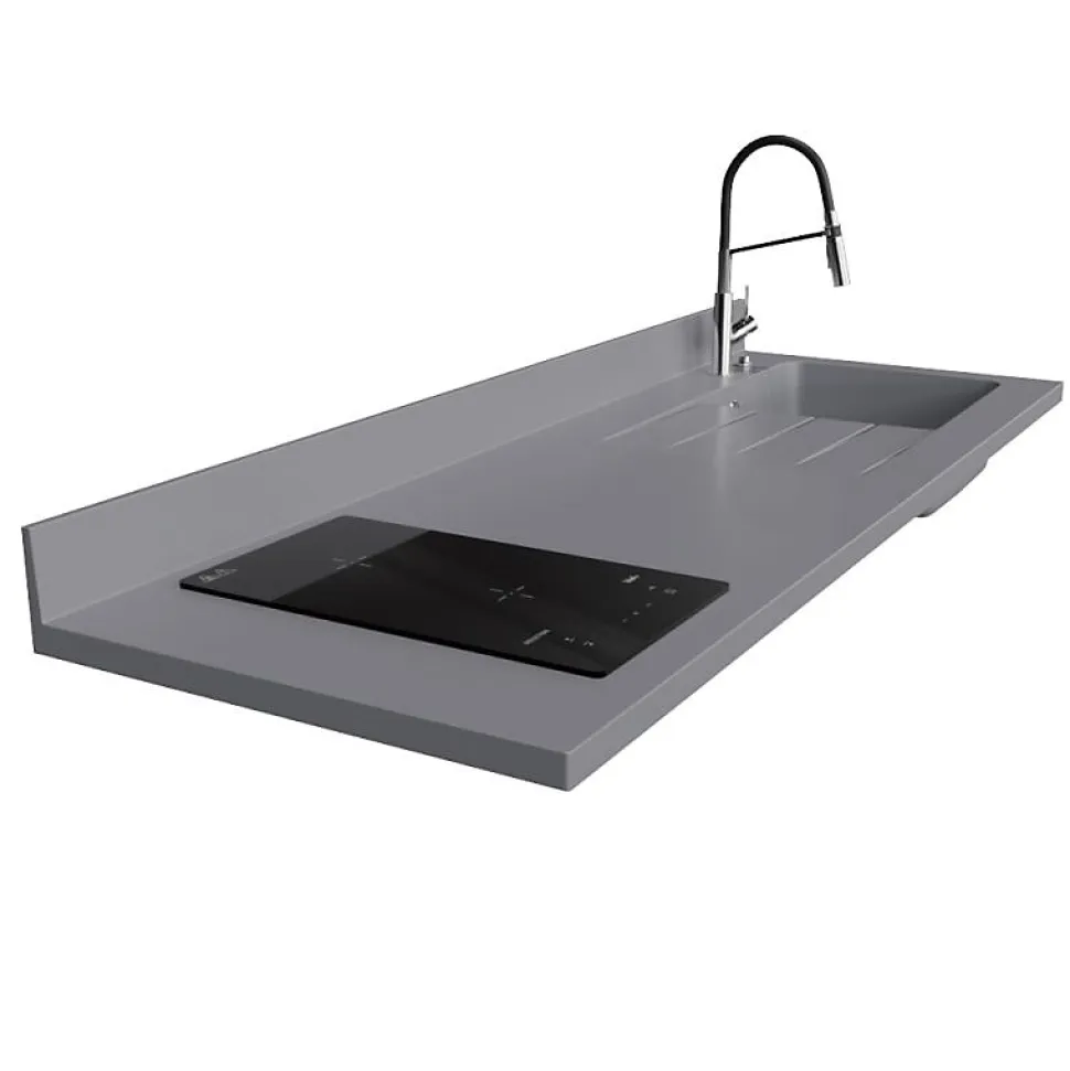Plan de travail monobloc PlaniQuartz avec évier - 180 cm - Cromo - évier à droite - Plaque de cuisson Induction