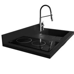 Plan de travail monobloc PlaniQuartz avec évier - 100 cm - Nero - évier à droite - Plaque de cuisson Vitrocéramique
