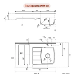 Plan de travail monobloc PlaniQuartz avec évier - 100 cm - Nero - évier à droite - Plaque de cuisson Vitrocéramique