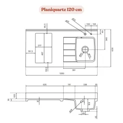Plan de travail monobloc PlaniQuartz avec évier - 120 cm - Snova - évier à droite - Plaque de cuisson Non inclus