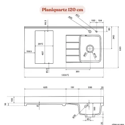 Plan de travail monobloc PlaniQuartz avec évier - 120 cm - Snova - évier à gauche - Plaque de cuisson Induction
