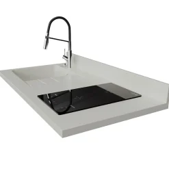 Plan de travail monobloc PlaniQuartz avec évier - 120 cm - Snova - évier à gauche - Plaque de cuisson Induction