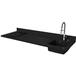 Plan de travail monobloc PlaniQuartz avec évier - 180 cm - Nero - évier à droite - Plaque de cuisson Vitrocéramique