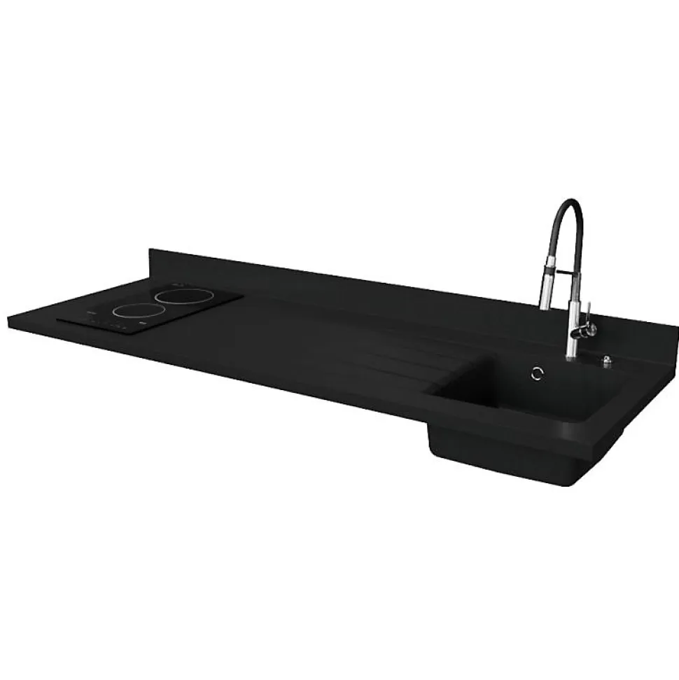 Plan de travail monobloc PlaniQuartz avec évier - 180 cm - Nero - évier à droite - Plaque de cuisson Vitrocéramique