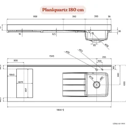 Plan de travail monobloc PlaniQuartz avec évier - 180 cm - Nero - évier à droite - Plaque de cuisson Vitrocéramique
