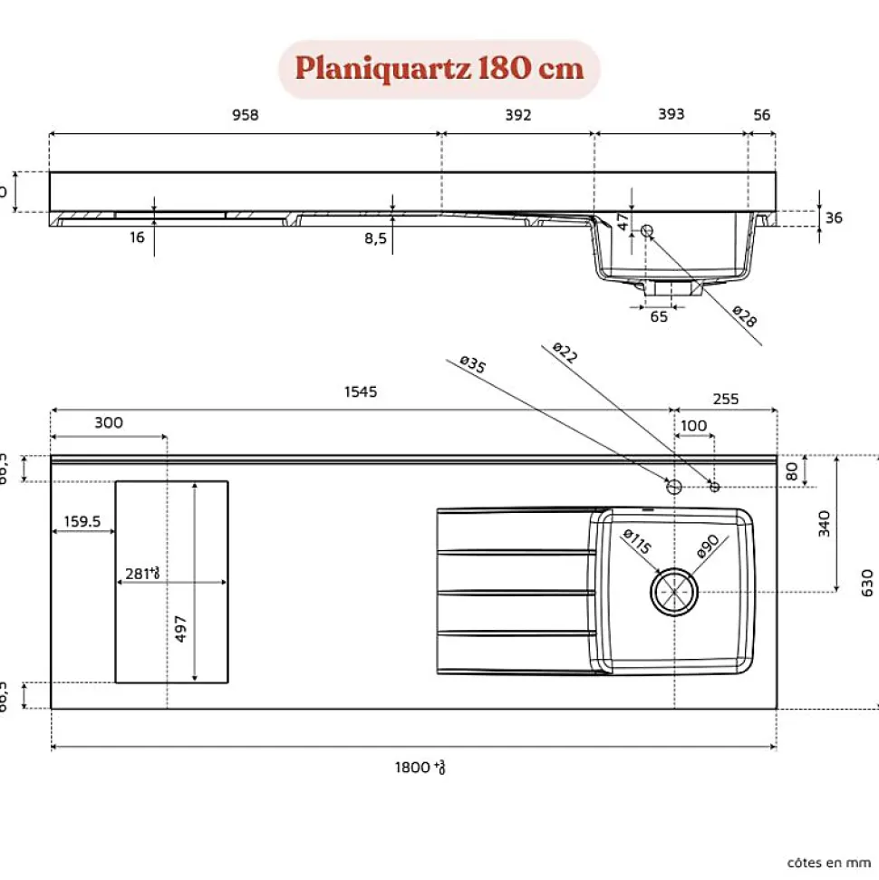 Plan de travail monobloc PlaniQuartz avec évier - 180 cm - Nero - évier à droite - Plaque de cuisson Vitrocéramique