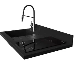 Plan de travail monobloc PlaniQuartz avec évier - 100 cm - Nero - évier à gauche - Plaque de cuisson Induction