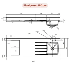 Plan de travail monobloc PlaniQuartz avec évier - 180 cm - Cromo - évier à droite - Plaque de cuisson Non inclus