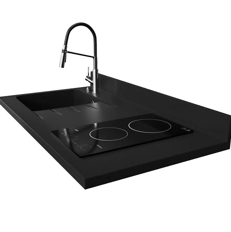 Plan de travail monobloc PlaniQuartz avec évier - 120 cm - Nero - évier à gauche - Plaque de cuisson Vitrocéramique