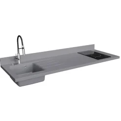 Plan de travail monobloc PlaniQuartz avec évier - 180 cm - Cromo - évier à gauche - Plaque de cuisson Vitrocéramique