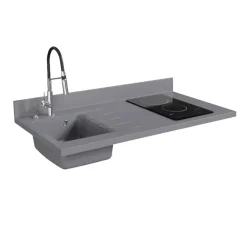 Plan de travail monobloc PlaniQuartz avec évier - 120 cm - Cromo - évier à gauche - Plaque de cuisson Vitrocéramique