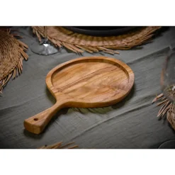 Planche à découper ronde 18 cm en bois de teck avec manche - EKIA