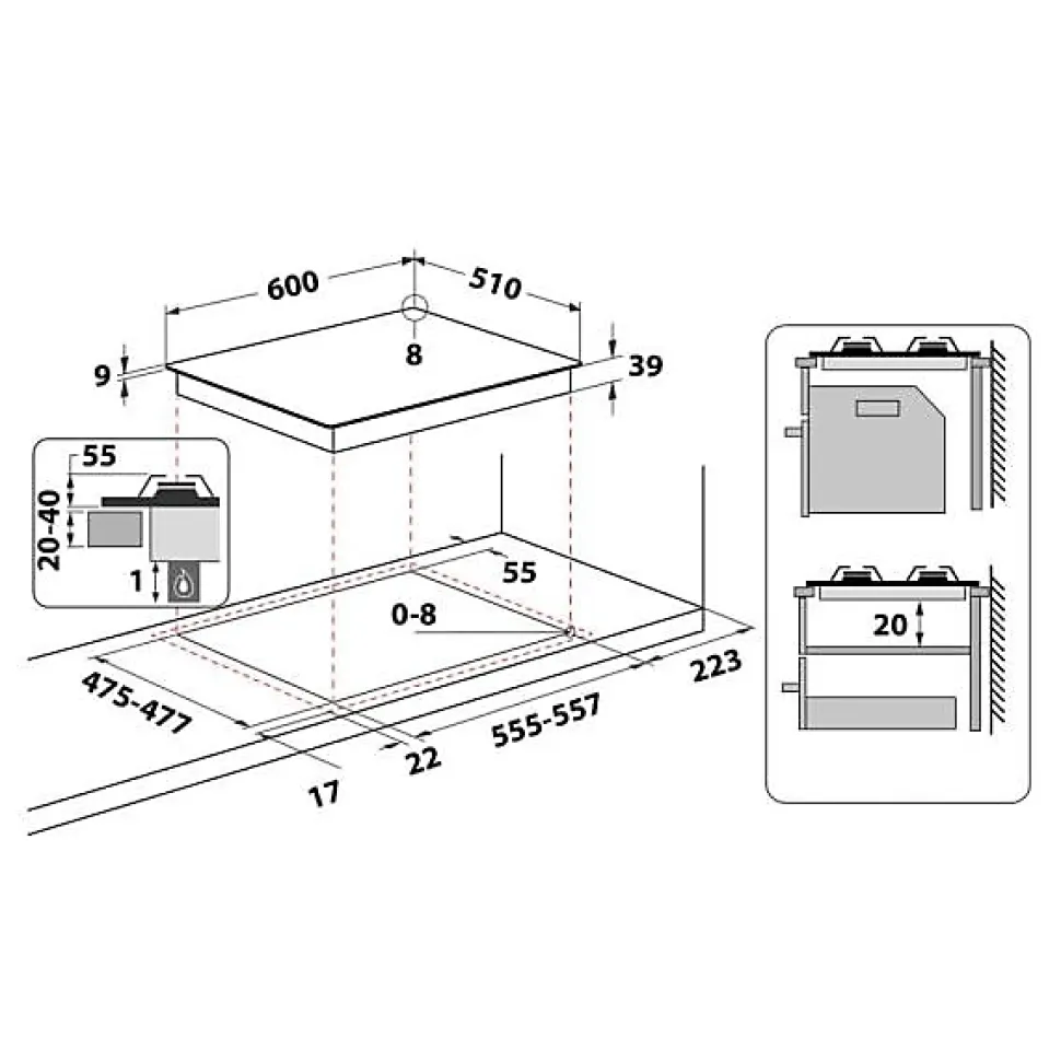 Plaque de Cuisson - Table a GAZ - HOTPOINT - 4 foyers - L 60 x P51 cm - PNN 641 IX