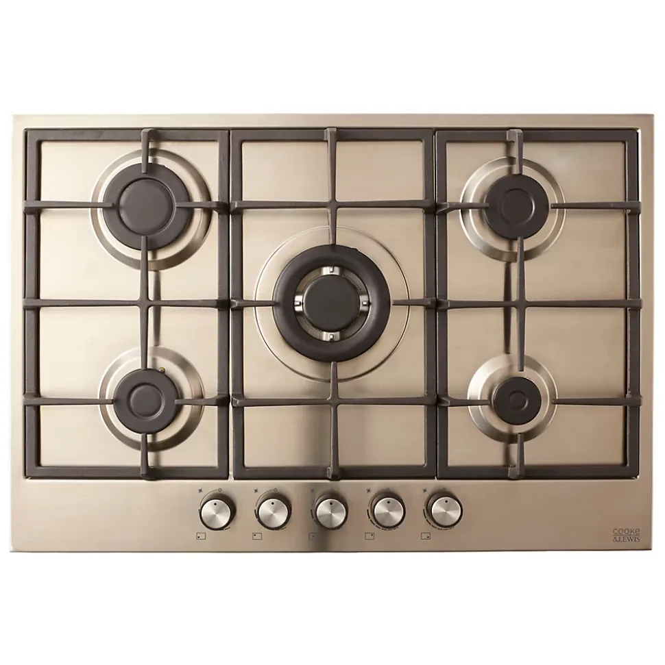 Plaque de cuisson gaz 5 foyers Cooke & Lewis coloris inox l.75 x P.51 x H.8,5 cm