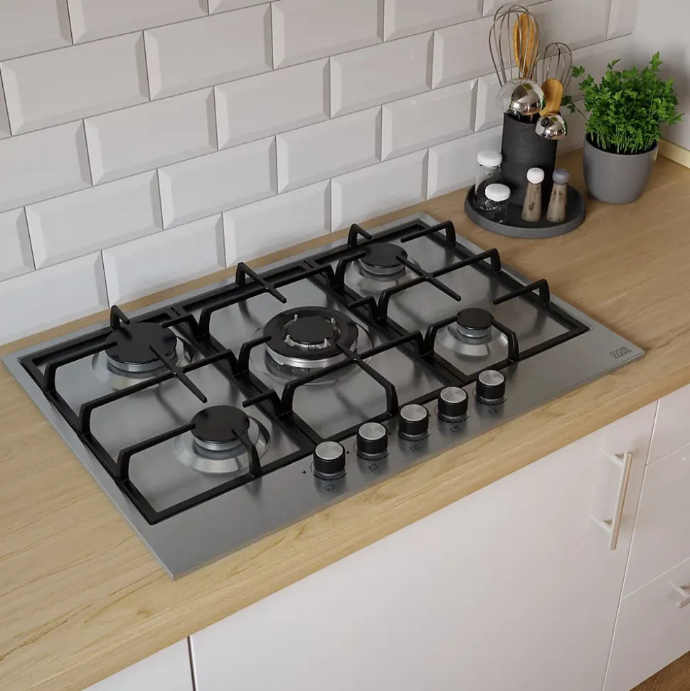 Plaque de cuisson gaz 5 foyers Cooke & Lewis coloris inox l.75 x P.51 x H.8,5 cm