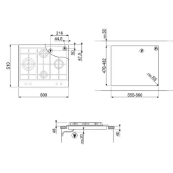 Plaque de cuisson gaz 4 foyers - coloris argent - l.60 x P.51 x H.4,2 cm - Smeg P261XGH