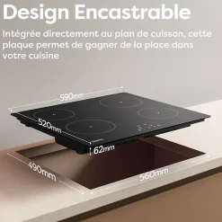 Plaque de cuisson induction 4 foyers 6000W L59xP52cm 4 miuteurs 9 niveaux de puissance tactile Ciarra CD4BIH-F