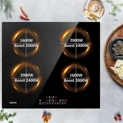 Plaque de cuisson induction 4 foyers 7200W L59xP52cm 9 puissance booster minuterie tactile Ciarra CD4BBIH