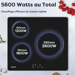 Plaque de cuisson induction 3 foyers 5600W L59xP52cm 9 niveaux de puissance minuterie individuelle Ciarra CD3BIH-C