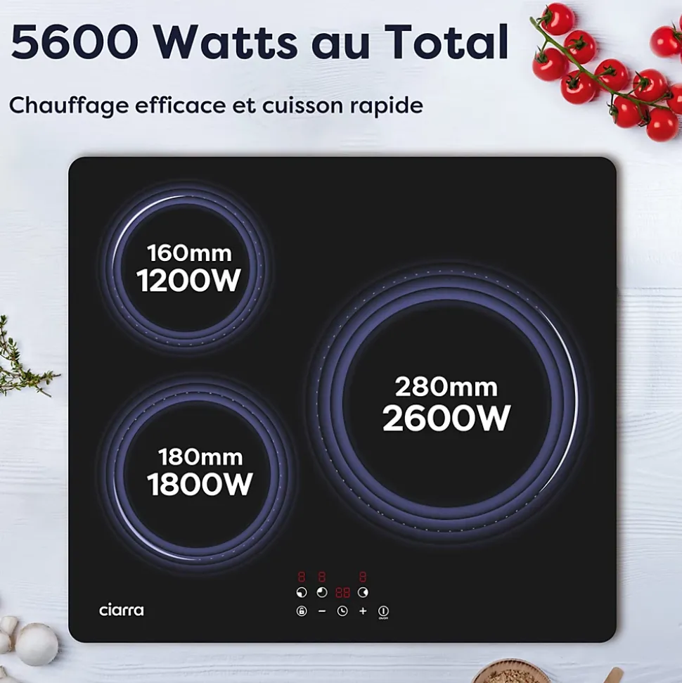 Plaque de cuisson induction 3 foyers 5600W L59xP52cm 9 niveaux de puissance minuterie individuelle Ciarra CD3BIH-C