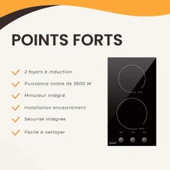 Plaque de cuisson induction encastrable - 2 foyers, Minuteur, 3600 W avec boutons - manettes
