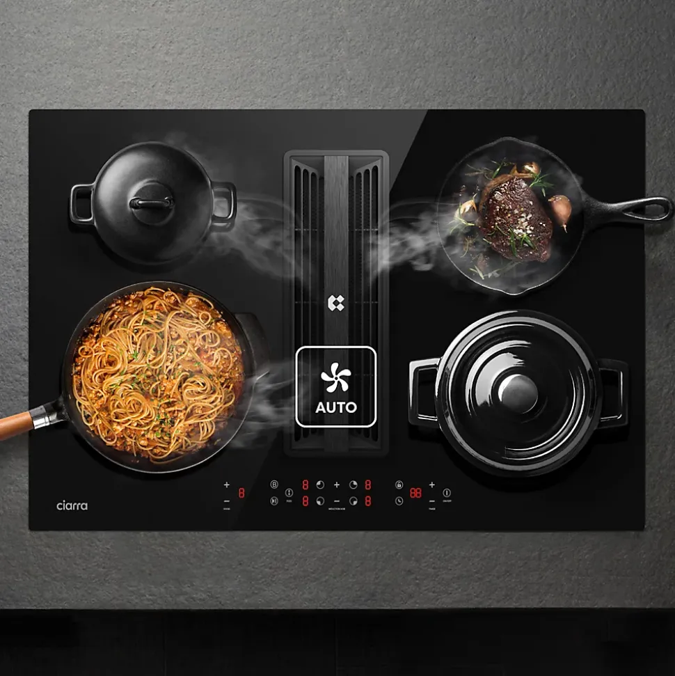 Plaque de cuisson induction avec hotte intégrée 7000W L83cm 500m3h 4 foyers booster flex zone recyclage evacuation Ciarra