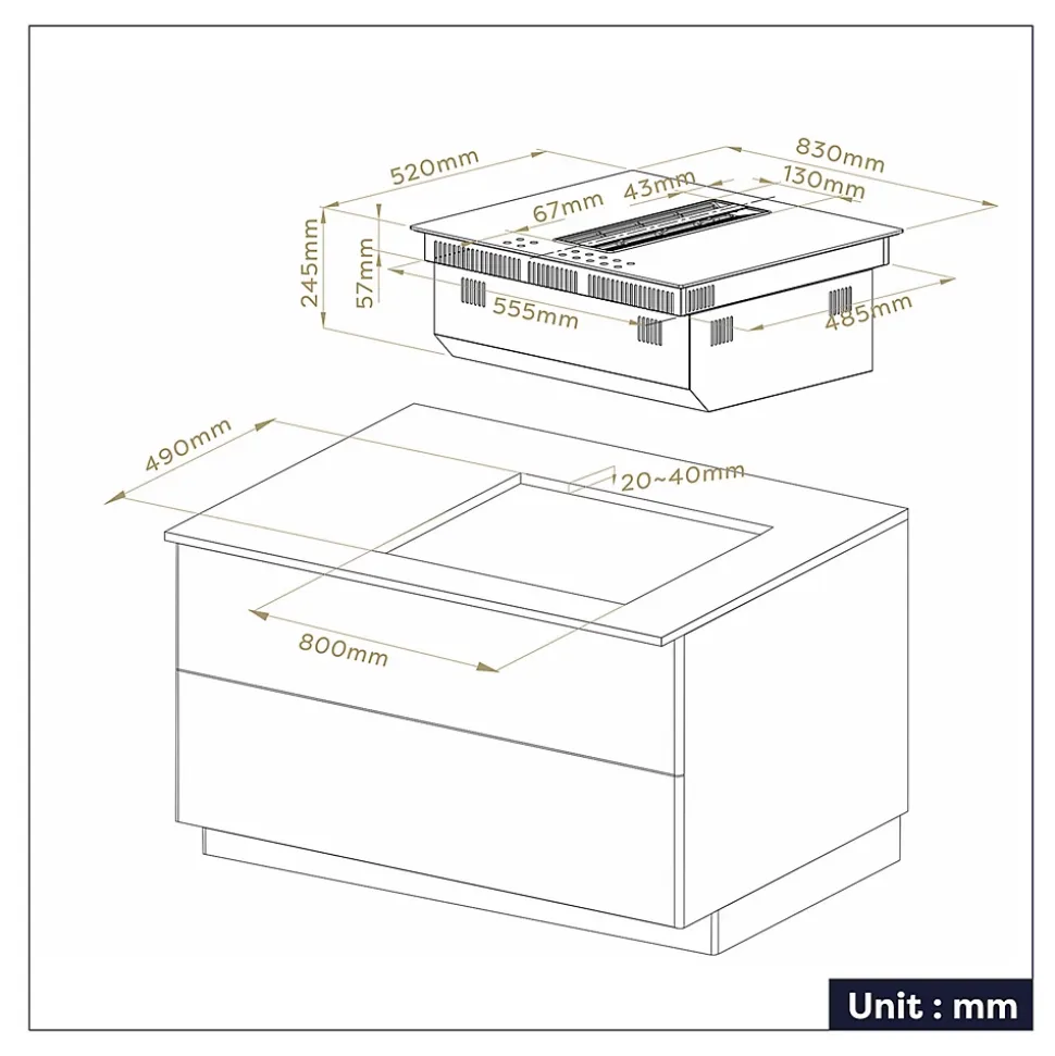 Plaque de cuisson induction avec hotte intégrée 7000W L83cm 500m3h 4 foyers booster flex zone recyclage evacuation Ciarra