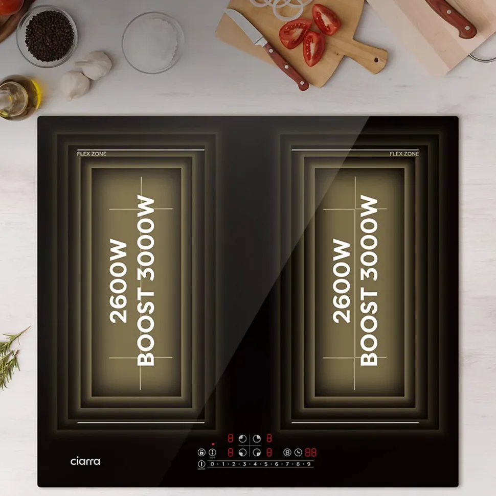 Plaque de cuisson induction 4 foyers 7200W L59xP52cm 9 puissance 2 flexizones boost verrouillage enfant Ciarra CD4BFFBIH