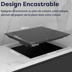 Plaque de cuisson induction 3 foyers 5600W L59xP52cm 9 niveaux puissance tactile minuteur individuel Ciarra CD3BIH-A