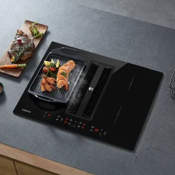 Plaque de cuisson induction avec Hotte Intégrée L59cm 7000W 500m3h 4 Foyers Booster Recyclage Evacuation Ciarra