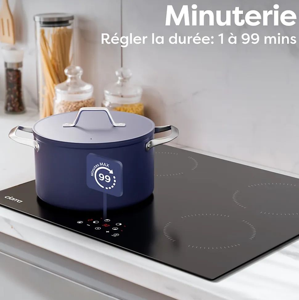 Plaque de cuisson induction 4 foyers 6000W L59xP52cm commande tactile 9 niveaux de puissance minuterie Ciarra CD4BIH-A