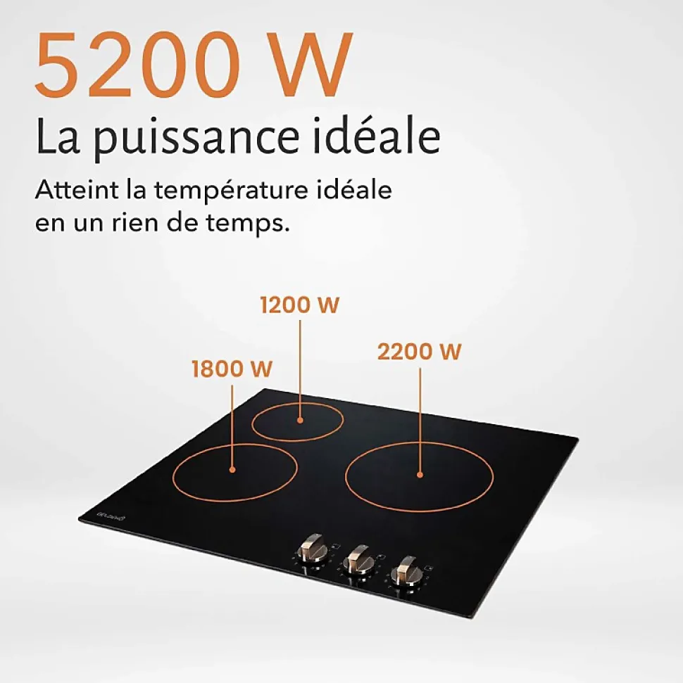Plaque de Cuisson Vitrocéramique 3 Foyers - 5200W - Commandes par Manettes - Boutons Encastrable Contrôle Mécanique Facile