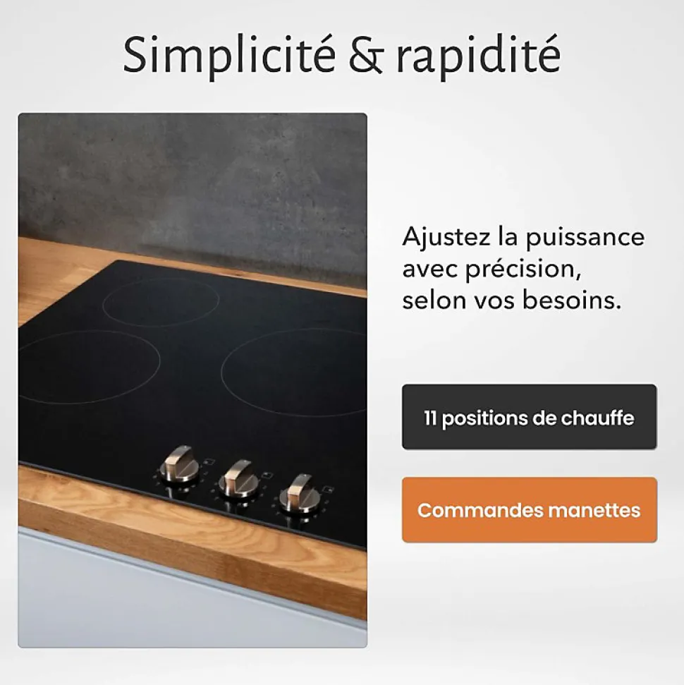 Plaque de Cuisson Vitrocéramique 3 Foyers - 5200W - Commandes par Manettes - Boutons Encastrable Contrôle Mécanique Facile