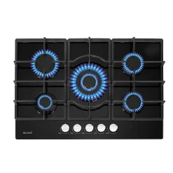 Plaque gaz 5 feux en verre noir - Brûleurs et grilles en fonte - 10 800 Watts encastrement 56x49 cm