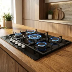 Plaque gaz 5 feux en verre noir - Brûleurs et grilles en fonte - 10 800 Watts encastrement 56x49 cm
