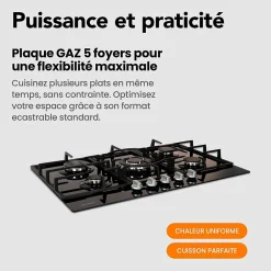 Plaque gaz 5 feux en verre noir - Brûleurs et grilles en fonte - 10 800 Watts encastrement 56x49 cm