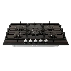 Plaque gaz 5 feux en verre noir - Brûleurs et grilles en fonte - 10 800 Watts encastrement 56x49 cm