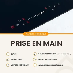 Plaque Induction Encastrable 3 Foyers - Puissance 7200W avec Booster et Commande Slider Intuitive