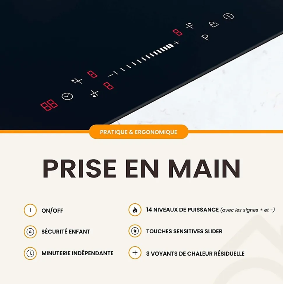 Plaque Induction Encastrable 3 Foyers - Puissance 7200W avec Booster et Commande Slider Intuitive