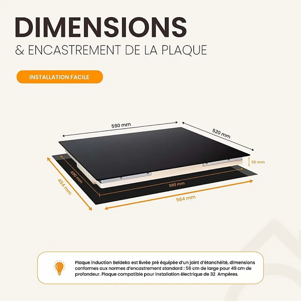 Plaque Induction Encastrable 3 Foyers - Puissance 7200W avec Booster et Commande Slider Intuitive