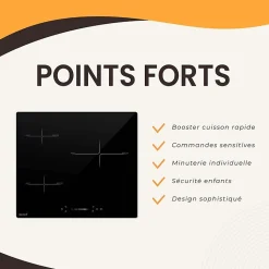 Plaque Induction Encastrable 3 Foyers - Puissance 7200W avec Booster et Commande Slider Intuitive
