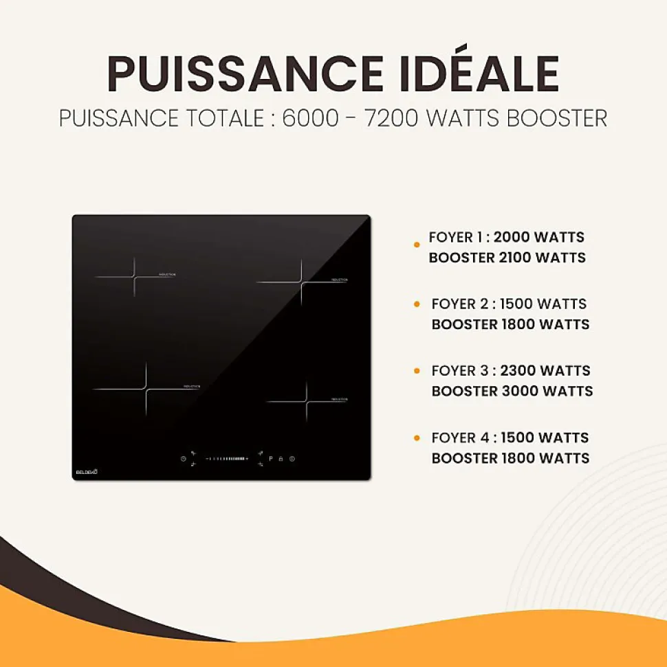 Plaque induction encastrable 4 foyers, 8100 W, slider tactile et minuteurs