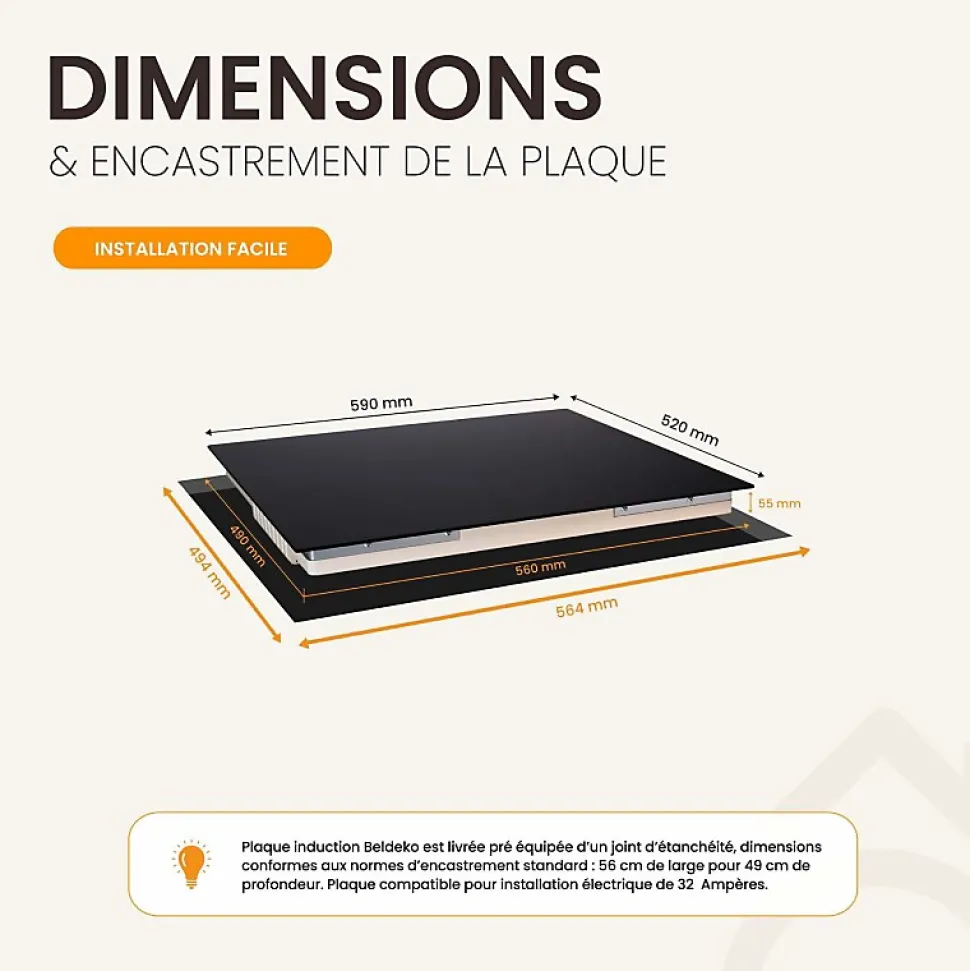 Plaque induction encastrable 4 foyers, 8100 W, slider tactile et minuteurs