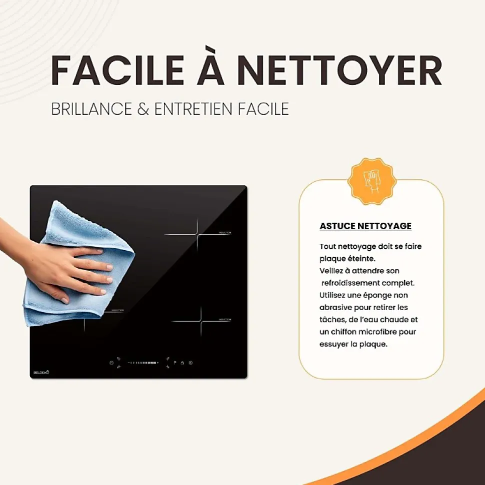 Plaque induction encastrable 4 foyers, 8100 W, slider tactile et minuteurs