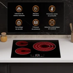 Plaque vitrocéramique 3 Feux Encastrable 5700W 9 Niveaux Minuterie 99 Min Commande Tactile Sécurité Enfant CDVER573 CDV